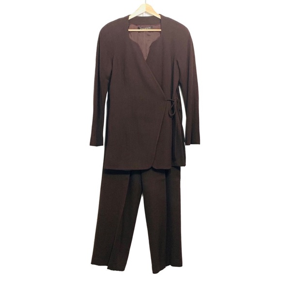 Tahari Brown Suit 2 Piece Wool Pantsuit Long Line Jacket Fully Lined Pants Sz. 8 - Picture 1 of 13